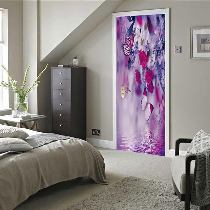 A.Monamour 3D Door Stickers for Interior Doors Red White Flowers and Butterflies Vinyl Waterproof Self Adhesive Door Mural Decals for Bedroom Office Bathroom 90x200cm