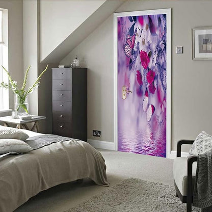 A.Monamour 3D Door Stickers for Interior Doors Red White Flowers and Butterflies Vinyl Waterproof Self Adhesive Door Mural Decals for Bedroom Office Bathroom 85x215cm