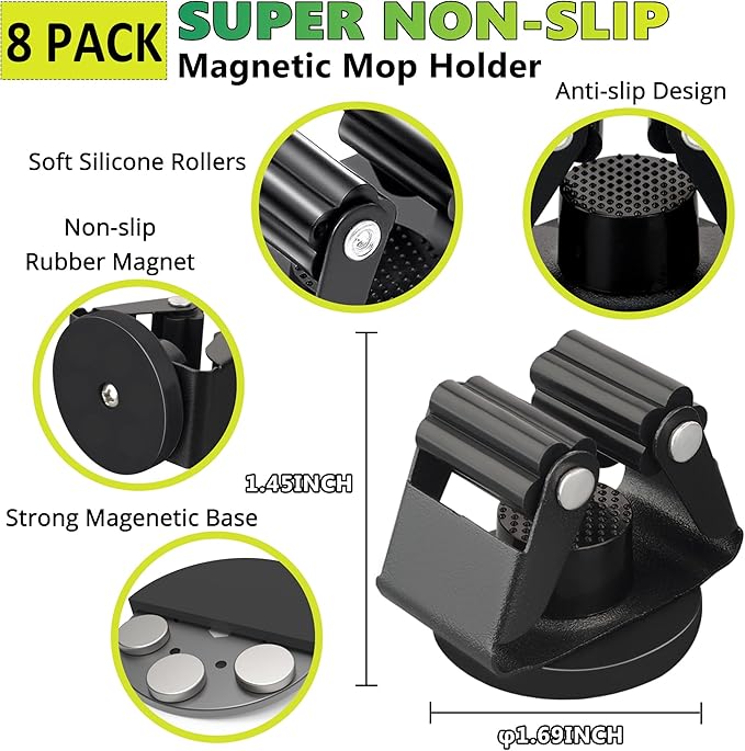 ULIBERMAGNET Magnetic Mop Broom Holder,Heavy Duty Movable Magnetic Broom Holder Rack,Anti-slip Wall Mounted Utility Storage Mop Shovel Hanger for Garage, Kitchen, Laundry, Garden(8 Pack/Black)