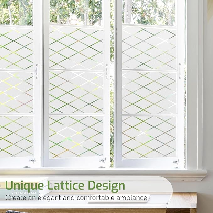 LUTE Frosted Glass Window Privacy Film, Static Cling Non-Adhesive Heat Control Window Cover, Removable Decorative Frosting Decals for Home Office, Lattice Pattern, 35.4" x 78.7"