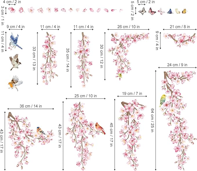 wondever Cherry Blossom Flower Vine Wall Stickers Pink Hanging Floral Tree Branch Birds Peel and Stick Wall Art Decals for Bedroom Living Room Sofa
