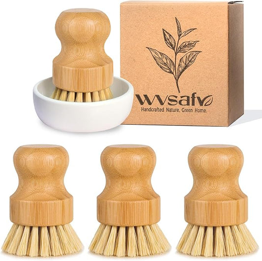 Bamboo Dish Scrub Brush for Kitchen Sink, Natural Wooden Washing Dish Brush Scrubber, Sisal Bristles Brush for Household Cleaning Cast Iron Brush Pots(Ceramic Dish+ 4P Sisal)