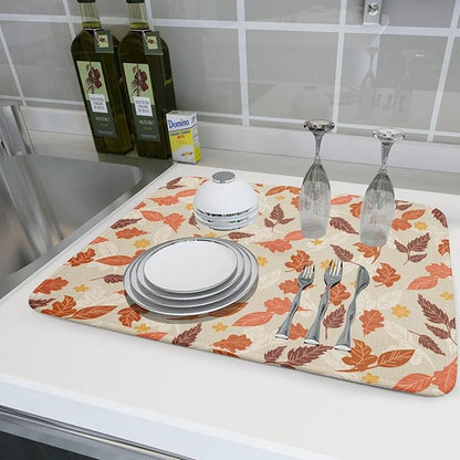 Fall Burnt Orange Leaf Dish Drying Mat 18 x 24 Inch With Absorbent Reversible Microfiber Autumn Thanksgiving Drying Mats Dish Drainer Mat Fast Dry For Kitchen Dining Room Decoration