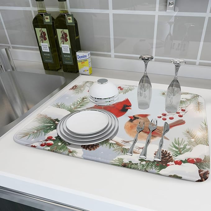 Winter Cardinal Bird Dish Drying Mat for Kitchen Counter 18x24 Christmas Snow Scene Theme Seasonal Absorbent Reversible Microfiber Drying Mats Kitchen Countertop Protector Dishes Drainer Pad