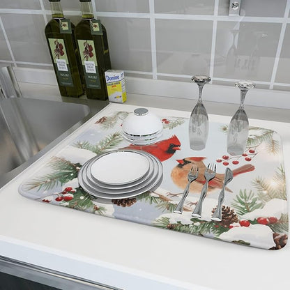 Winter Cardinal Bird Dish Drying Mat for Kitchen Counter 18x24 Christmas Snow Scene Theme Seasonal Absorbent Reversible Microfiber Drying Mats Kitchen Countertop Protector Dishes Drainer Pad