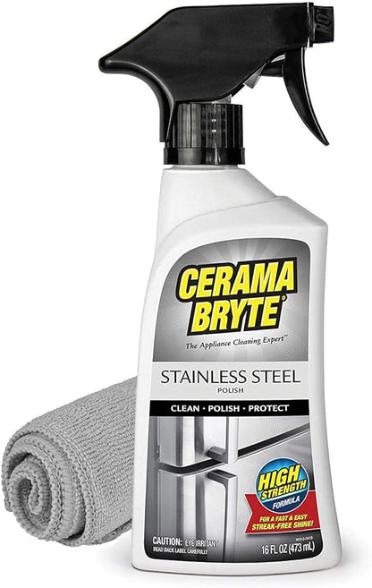 Cerama Bryte High Strength Protective Stainless Steel Appliance Cleaner & Polish Spray with Mineral Oil - 16 oz, Includes Large Microfiber Cloth