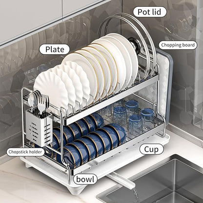 Dish Drying Rack, Double Layered countertop Kitchen Organizer with Drainage Large Bowl Rack and Storage Rack with Drainage Board, Suitable for Kitchen Bars (Silver)