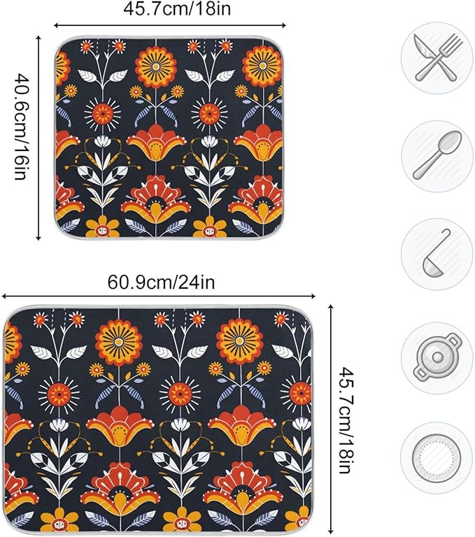 Floral Pattern Traditional Folk Art Dish Drying Mat for Kitchen Counter Absorbent Microfiber Drying Pad, Large 18x24 in, Reversible Drainer Mats