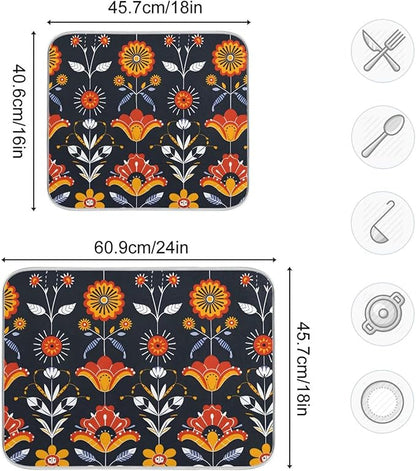 Floral Pattern Traditional Folk Art Dish Drying Mat for Kitchen Counter Absorbent Microfiber Drying Pad, Medium 16x18 in, Reversible Drainer Mats