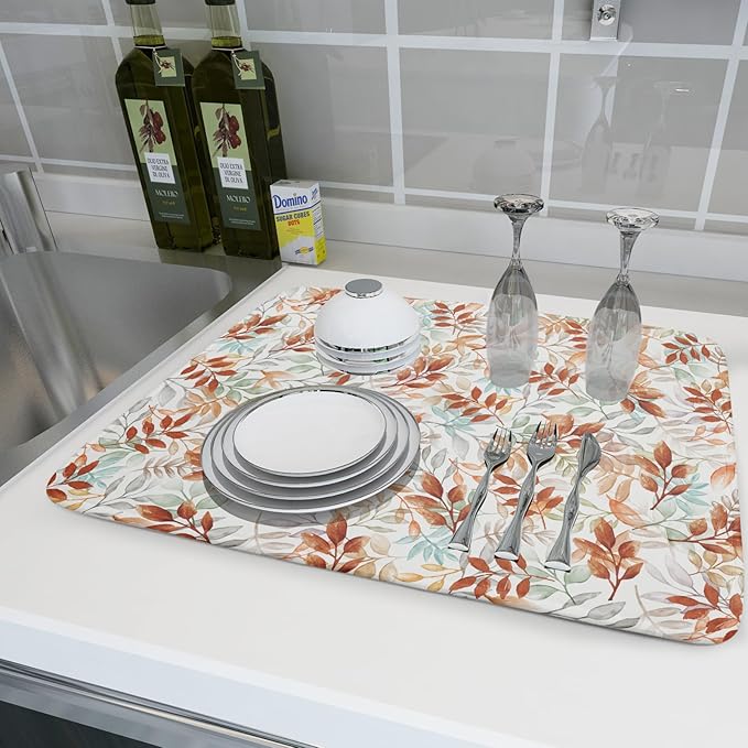 Fall Dish Drying Mat for Kitchen Counter 18x24 Burnt Orange Leaves Autumn Harvest Theme Thanksgiving Absorbent Reversible Microfiber Drying Mats Kitchen Countertop Protector Dishes Drainer Pad