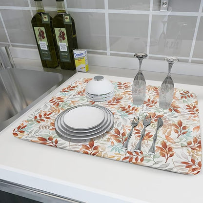 Fall Dish Drying Mat for Kitchen Counter 18x24 Burnt Orange Leaves Autumn Harvest Theme Thanksgiving Absorbent Reversible Microfiber Drying Mats Kitchen Countertop Protector Dishes Drainer Pad