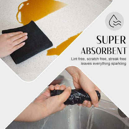 SINLAND Microfiber Cleaning Cloth Absorbent Dish Cloth Kitchen No Streak Dish Rags Glass Cleaning Cloths 12inchx12inch 12 Pack Black