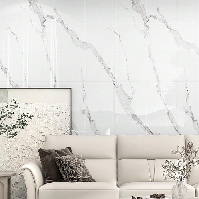 Chejiaye 10pcs Marble Peel and Stick Backsplash Waterproof Washroom Wall Panels, Peel and Stick Tile, PVC Foam Wall Panels for Kitchen,Bathroom,Living Room,White and Grey(Not Real Tile,11.8" x 11.8")