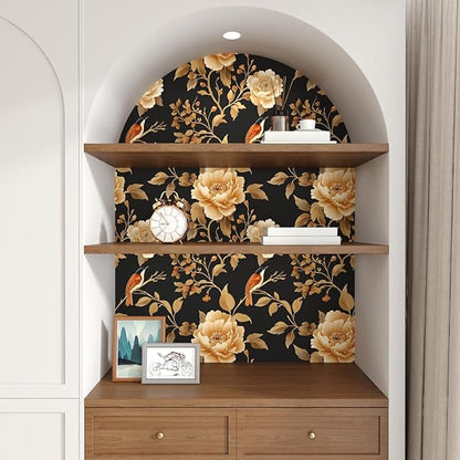 Laatse Vintage Floral Bird Wallpaper Peel and Stick Boho Wallpaper 17.5in x393in Black/Golden Floral Wall Mural Waterproof Self-Adhesive Modern Wall Paper for Bedroom Kitchen Cabinet Drawer Decor