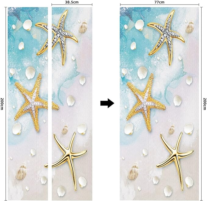 A.Monamour 3D Door Stickers for Interior Doors Nautical Pattern with Starfish Shells on Sandy Beach Vinyl Waterproof Self Adhesive Door Mural Decals for Bedroom Office Bathroom 77x200cm