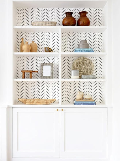 Orainege Black and White Peel and Stick Wallpaper Modern Herringbone Contact Paper for Bathroom 17.7in x 590.5in Geometric Self Adhesive Wallpaper Removable Wall Paper Peel and Stick