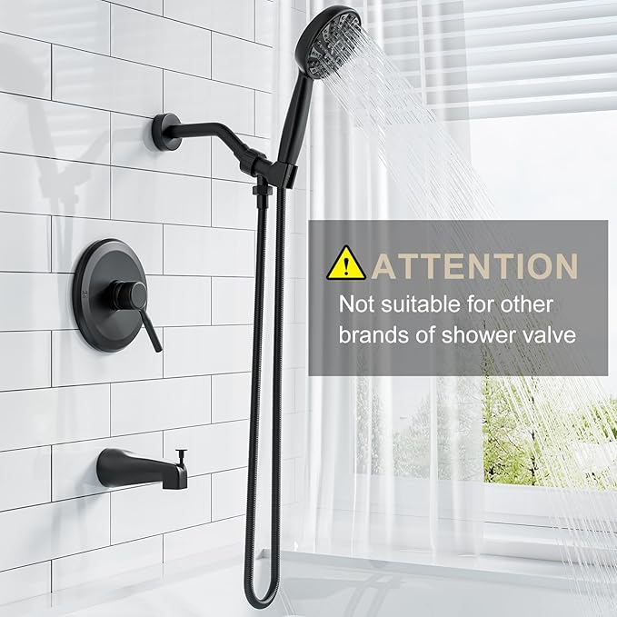 Tub Shower Faucet Set,Shower Systerm with Valve and Tub Spout,ABS Single Shower Head and Handle Set Shower Trim Kit for Bathroom,Matte Black,6-Modes Spray