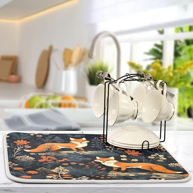 Dish Drying Mat Kitchen Counter Absorbent Two Foxes Coffee Sink Mat Dish Drainer Pad 18 Inch x 16 Inch