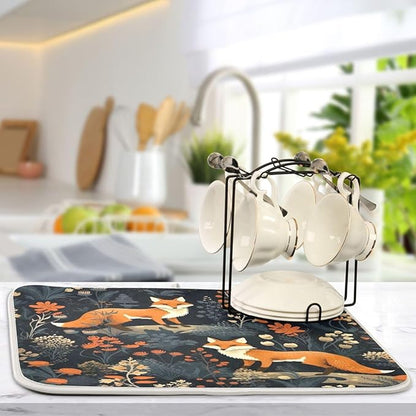 Dish Drying Mat Kitchen Counter Absorbent Two Foxes Coffee Sink Mat Dish Drainer Pad 18 Inch x 16 Inch
