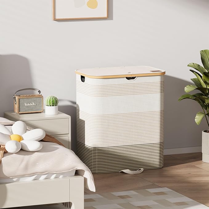 Double Laundry Hamper with Lid and Removable Bags, 150L Large Collapsible 2 Dividers Dirty Clothes Basket with Handles, Beige Double Laundry Basket Organizer for Bedroom,Laundry Room,College