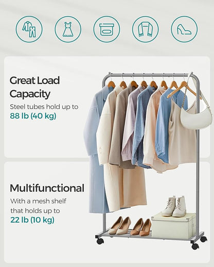 SONGMICS Clothes Rack with Wheels, Clothing Rack for Hanging Clothes, 25.4 mm Metal Garment Rack with Dense Mesh Storage Shelf, 110 lb Load Capacity, 2 Brakes, Gray UHSR025G01
