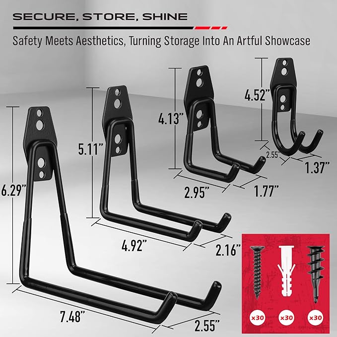 Garage Tool Storage Wall Hook Assortment Set: 15PCS Heavy Duty Large Hanger Garden Tool Organizer Ladder Bike Rack Yard Tool Holder Shed Shovel Metal Screw Organization Bicycle Steel Bracket, Black