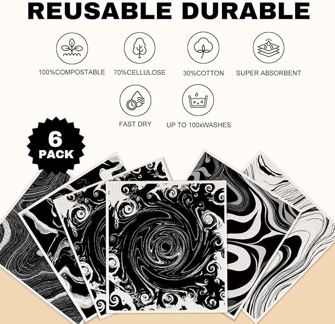 6 Pack Swedish Dishcloths for Kitchen, Swedish Rags Dish Towels, Geometric Reusable Paper Towels Washable Absorbent Cellulose Sponge Cloths No Odor for Cleaning Home Kitchen