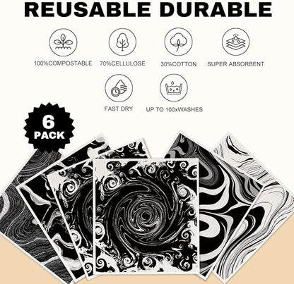 6 Pack Swedish Dishcloths for Kitchen, Swedish Rags Dish Towels, Geometric Reusable Paper Towels Washable Absorbent Cellulose Sponge Cloths No Odor for Cleaning Home Kitchen