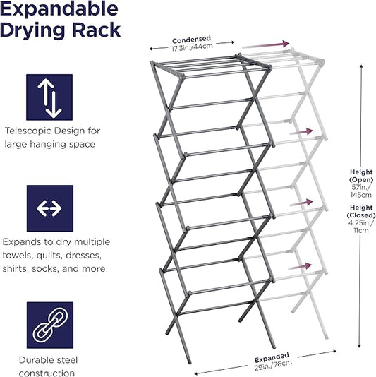 BLACK+DECKER 4-Tier Expandable Collapsible Clothes Drying Rack, Telescopic Height, Foldable Space-Saving Laundry Air Dryer for Towels, Shirts & Delicates – Durable Steel, No Tools Needed