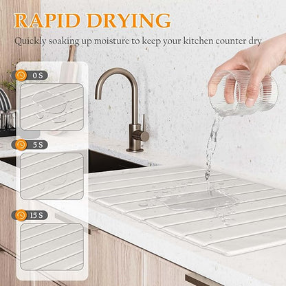 Stone Drying Mat for Kitchen Counter – Quick Dry PU-Coated Diatomaceous Earth Dish Drying Mat, Foldable & Non-Slip, Fast Absorbent Drying Stone for Sink & Countertop, 24"x16"