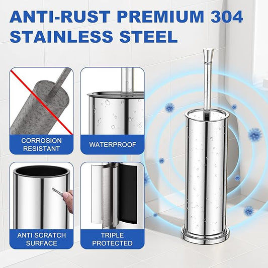 Toilet Brush and Holder Set：304 Stainless Steel Heavy Duty Toilet Bowl Brush，Removable Inner Bowl and Splash Protection，Bathroom Toilet Brush-Dense Bristles for Through Cleaning