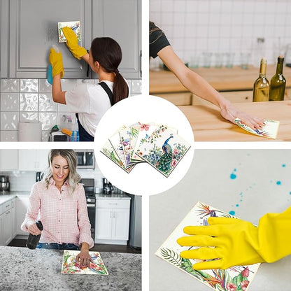 Reusable Swedish Dishcloths for Kitchen, 6 Pack Birds Flowers Butterfly Absorbent Swedish Dish Cloths, Reusable Paper Towels Washable for Kitchen Countertop Sink Fast Drying Degradable Dishes Cloths
