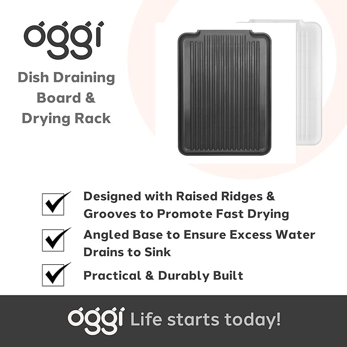 Oggi Dish Drain Board & Drying Rack Tray for Kitchen - Ideal Rigid Drainboard, Plate & Glass Drainer Tray, Dish Drain Boards for Kitchen Counter, 12.75 x 17.25 - Black