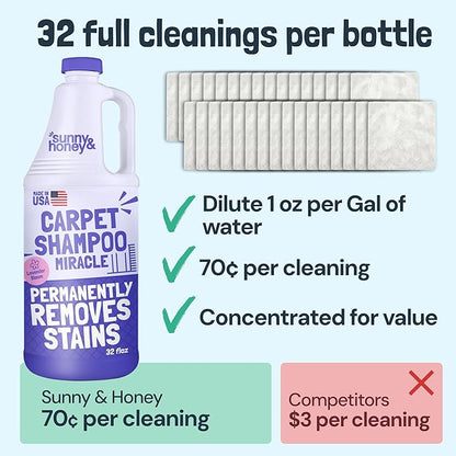 Sunny & Honey Carpet Cleaner Solution - Deep Stain Remover & Odor Deodorizer - Pet Carpet Cleaner & Rug Shampoo (32 Fl Oz, Light Lavender)
