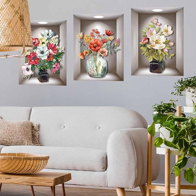 Supzone 3D Vase Wall Stickers - 3 Pcs Vintage Flower Wall Art, Colorful Floral Blossom Wall Decals, Self-Adhesive for Bedroom, Living Room, Sofa Backdrop, Yoga Room