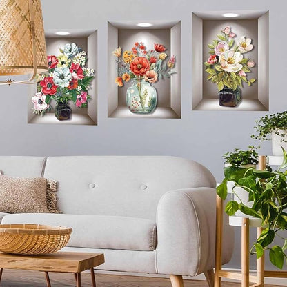 Supzone 3D Vase Wall Stickers - 3 Pcs Vintage Flower Wall Art, Colorful Floral Blossom Wall Decals, Self-Adhesive for Bedroom, Living Room, Sofa Backdrop, Yoga Room