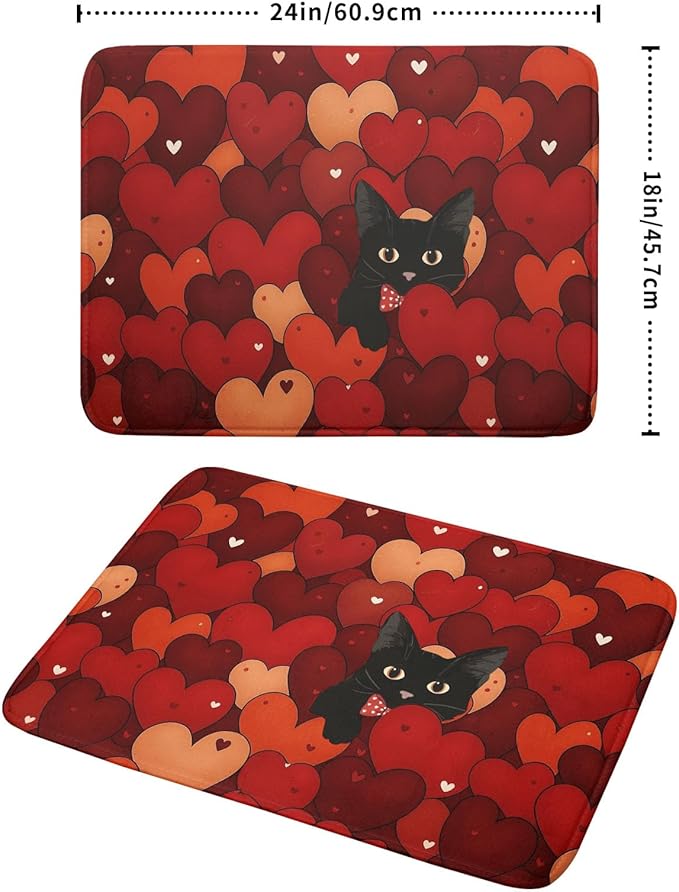 Valentine's Day Dish Drying Mat 18 x 24 Inch With Absorbent Reversible Microfiber Black Cat Red Heart Drying Anniversary Wedding Dish Drainer Mat Fast Dry For Kitchen Dining Room Decor