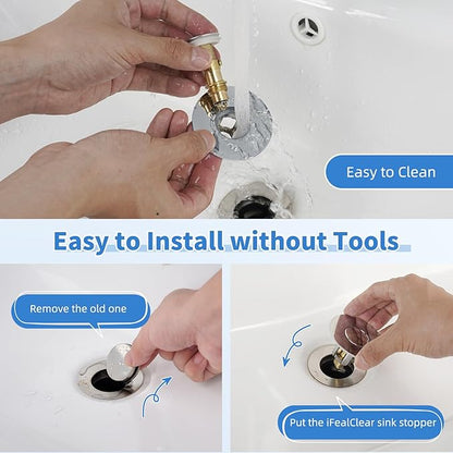iFealClear Metal Universal Bathroom Sink Stopper, Upgraded Stainless Steel Sink Drain Strainer for 1.1''~2.36" Basin Pop Up Drain Strainer, Anti-Clogging Filter Basket, Polished Chrome
