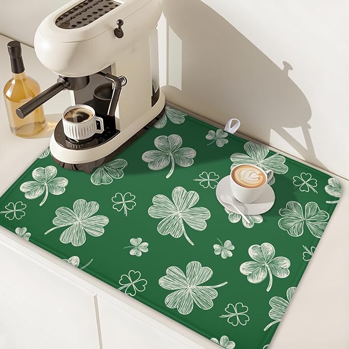 St Patrick's Day Dish Drying Mat 18 x 24 Inch Green Shamrock Dish Drainer Rack Mat Absorbent Microfiber Mats for Spring Lucky Clovers Dish Pad for Kitchen Coffee Bar Decor