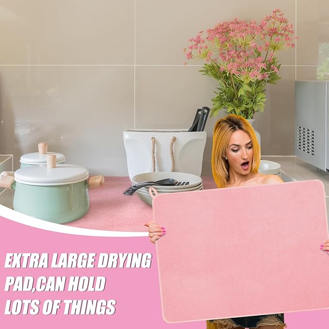 Hushee 2 Pack Extra Large Dish Drying Mat Microfiber Absorbent Dish Drying Pad Large Size Dishes Drainer Mats for Countertop, Sink, Refrigerator or Dryer (30 x 24 Inch,Pink)