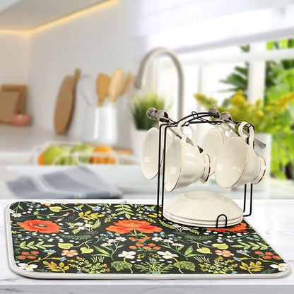 Colorful Floral Absorbent Dishes Drainer/Rack Mat for Countertop Small Size 16 x 18, Microfiber Dish Drying Pads Kitchen Counter Draining Pad