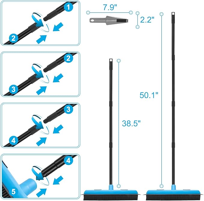 KeFanta Rubber Broom Carpet Rake for Pet Hair Removal, 51" Long Handle Fur Remover Broom with Squeegee, Pet Hair Broom for Carpet, Hardwood Floor, Tile