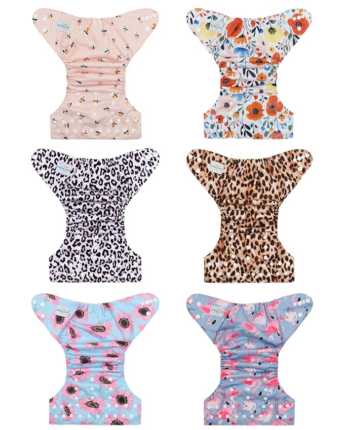 Babygoal Baby Cloth Diaper 6 Pack with 6pcs Inserts and Wet Bag for Fitted Diapers and Prefolds, Adjustable and Reusable Covers for Toddler Boys and Girls