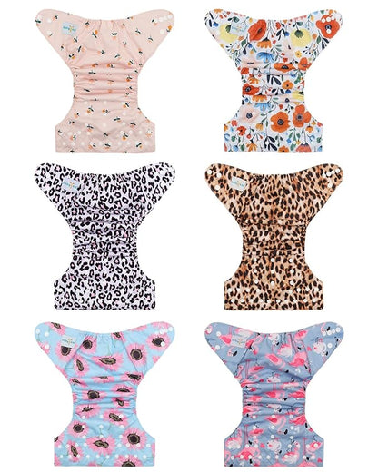 Babygoal Baby Cloth Diaper 6 Pack with 6pcs Inserts and Wet Bag for Fitted Diapers and Prefolds, Adjustable and Reusable Covers for Toddler Boys and Girls