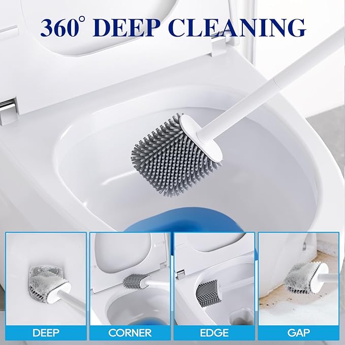 HONOVA 2 Pack Silicone Toilet Bowl Brush with Ventilated Holder, Toilet Brush and Holder Set，Floor Standing & Wall Mounted, Toilet Cleaner Brush for RV Travel, Camper, Family Bathroom（White）