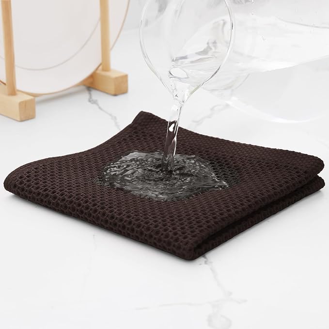 Kitinjoy 100% Cotton Kitchen Dish Cloths (12 X 12 Inches, Dark Brown), 8 Pack Waffle Weave Ultra Soft Absorbent Dish Towels for Drying Dishes Quick Drying Kitchen Towels Dish Rags