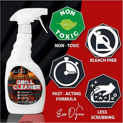 Evo Dyne Grill Cleaner Spray (32 oz), Made in USA - Quickly Cleans BBQ Burnt-on Foods and Grease from Grill Grates - Heavy Duty, Fast-Acting Formula, Less Scrubbing - Food Safe Grill & Oven Degreaser