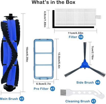 Replacement Parts Accessories Kit for eufy robovac 11S, 12, 15T, 15C, 25C, 30, 30C, 35C Slim Carpet Robotic Vacuum, 1 Roller Brush, 4 Filters, 4 Side Brushes, 1 Pre Filter, 1 Cleaning Brush
