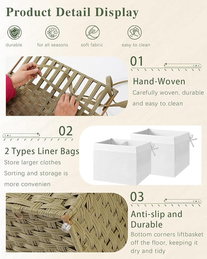 Storage Basket with Lid Rattan Woven Storage Baskets with 2 Separate Lids, 17.2 Gallon (65 L), Wicker Storage Bins Foldable, 2 Removable Liner Bags Handles for Bedroom, Laundry Room Green