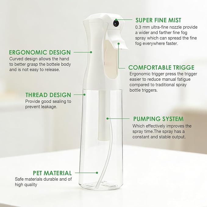 THINTON Mist Spray Bottle for Hair (10oz/300ml) - 2 Pcs Continuous Spray Bottle for Salons Cleaning Plants Gardening
